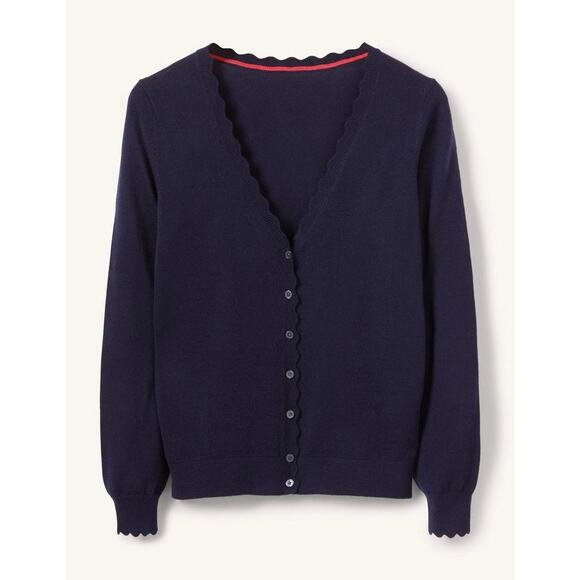 Boden Merino Wool Scallop Trim Cardigan Navy Blue Size 10 Button Front V-Neck - Picture 4 of 13
